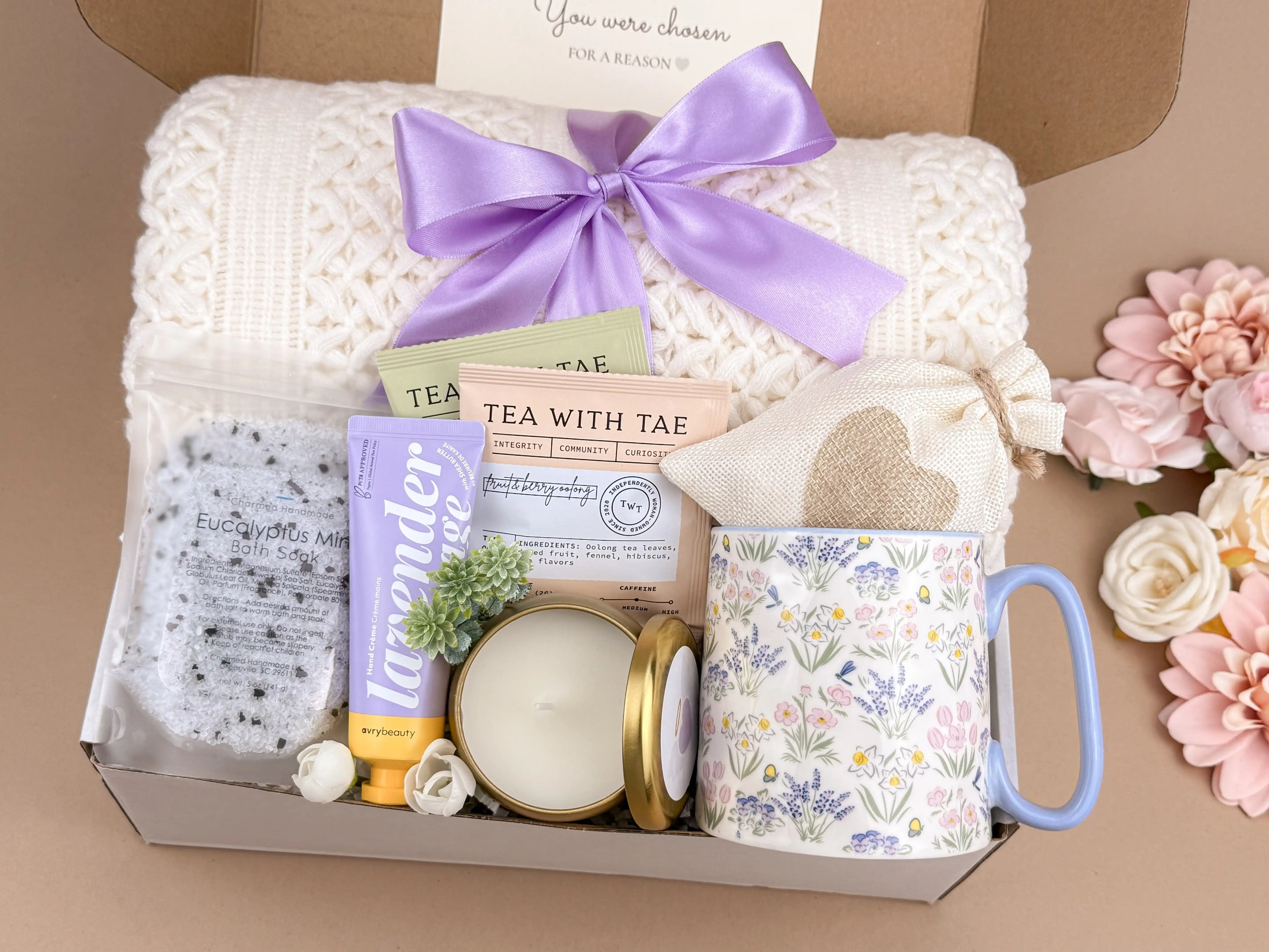 Self Care Gift Boxes – Lavender Spa, Blanket & Bath Salts Set