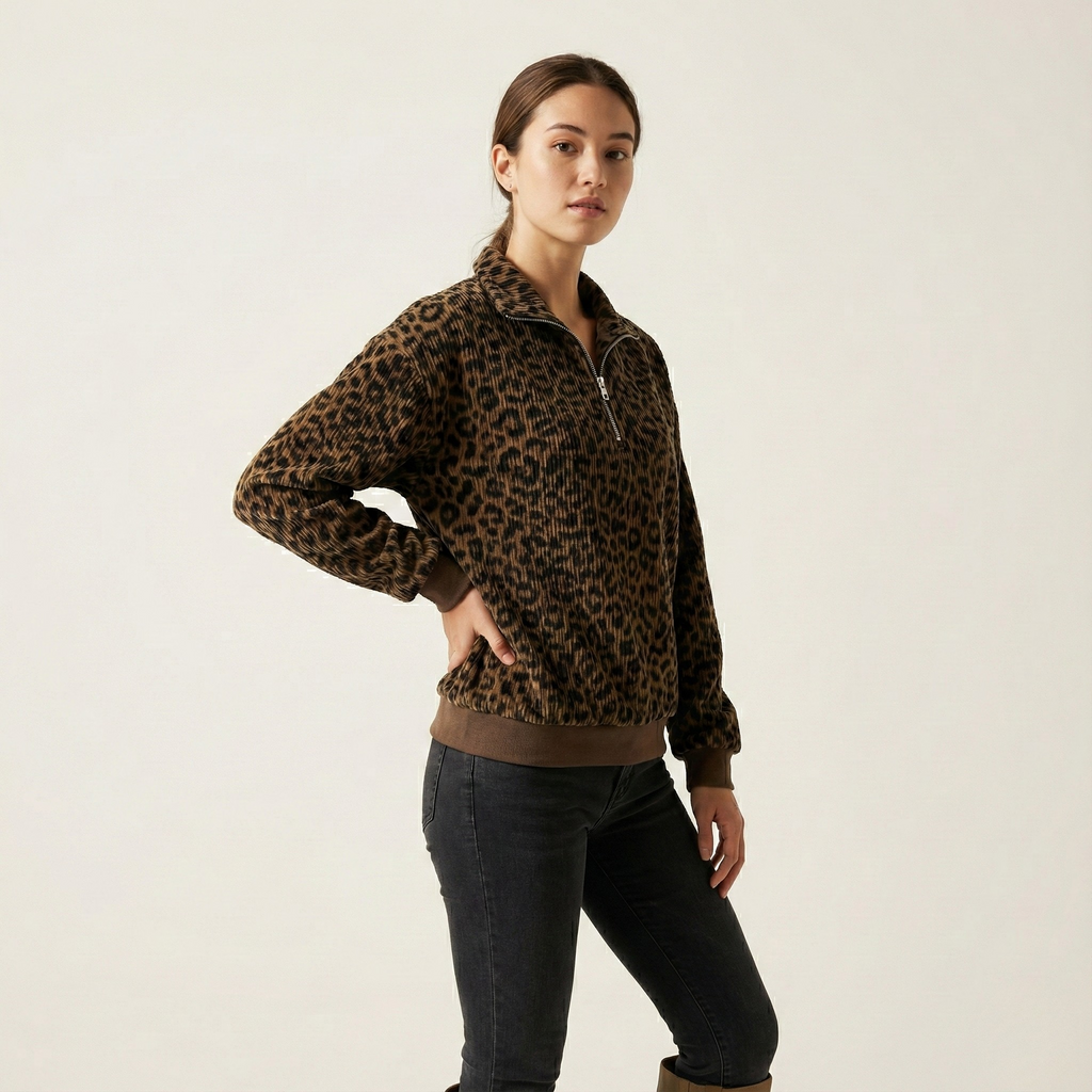 Leopard Print Corduroy Zip-Up
