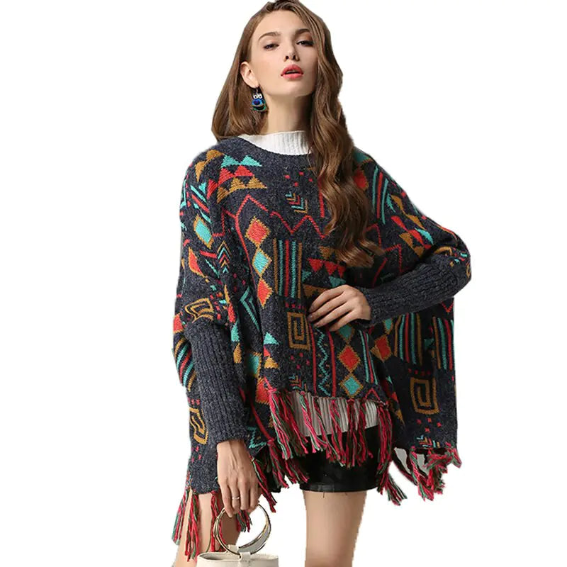 Plus Size Women's Batwing Sweater with Fringe Knit