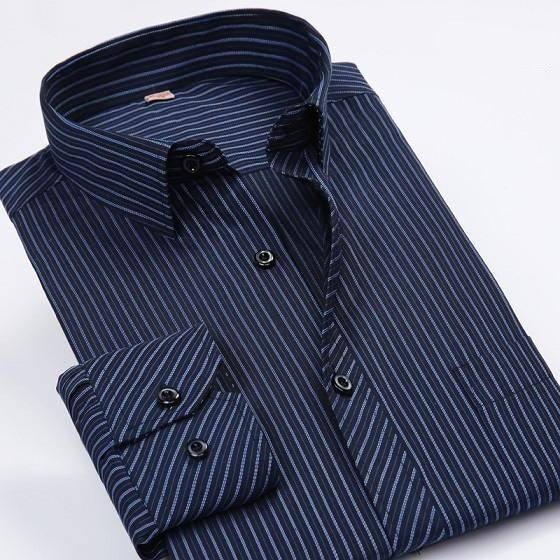 Men's Dark Blue Striped Dress Shirt - Multiple Sizes