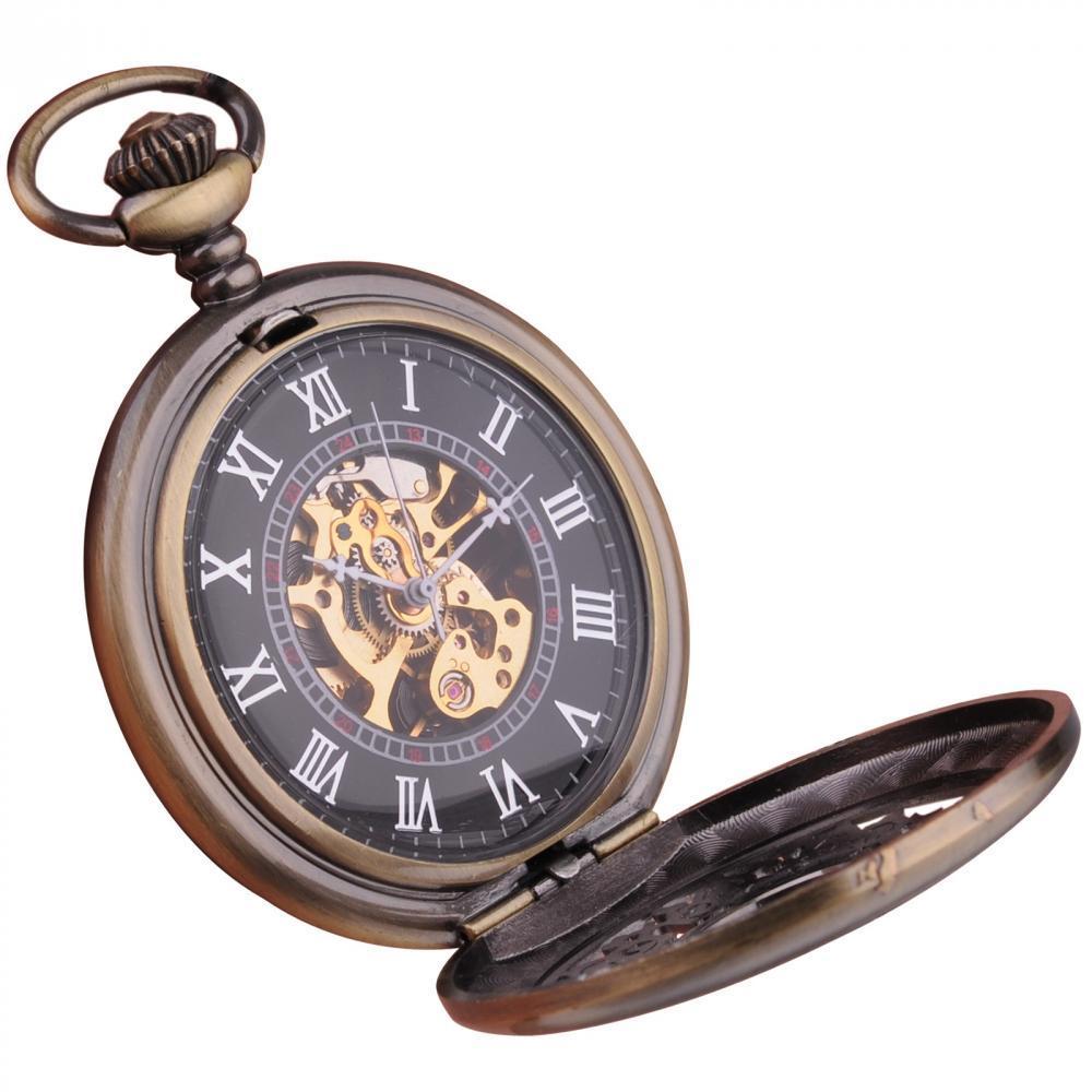 Men's Roman Brass Mechanical Hand Wind Pocket Watch