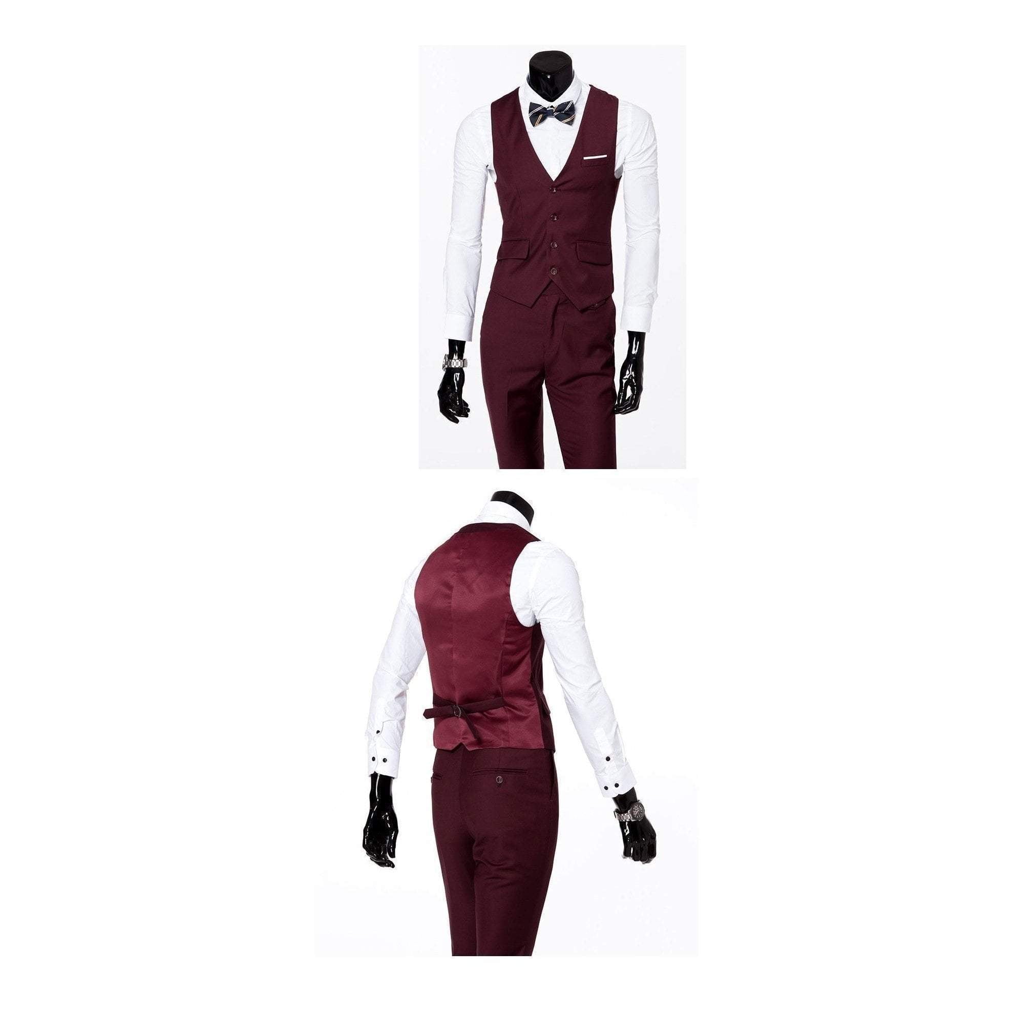 Men's Wine One Button Slim Fit Suit - Three Piece