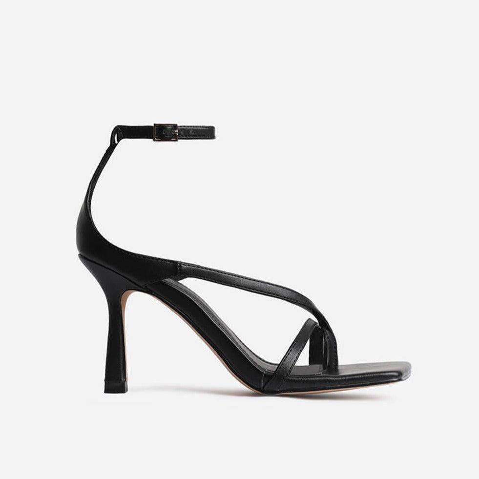Midnight Black Faux Leather Strappy Square-Toe Heels