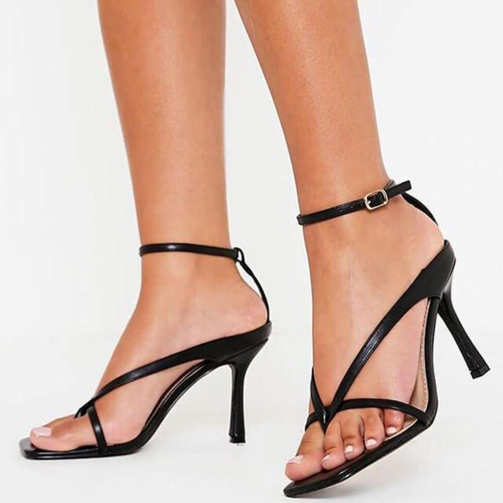 Midnight Black Faux Leather Strappy Square-Toe Heels