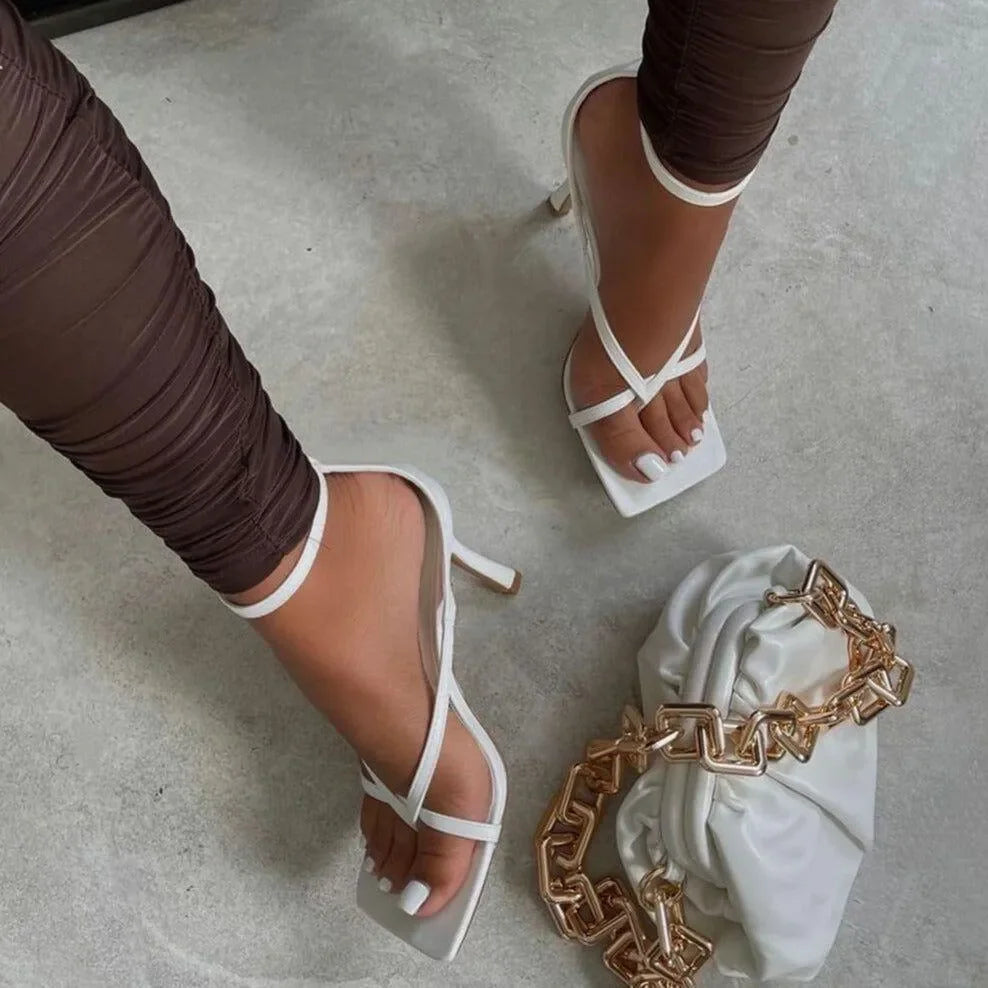 Midnight White Faux Leather Strappy Square-Toe Heels