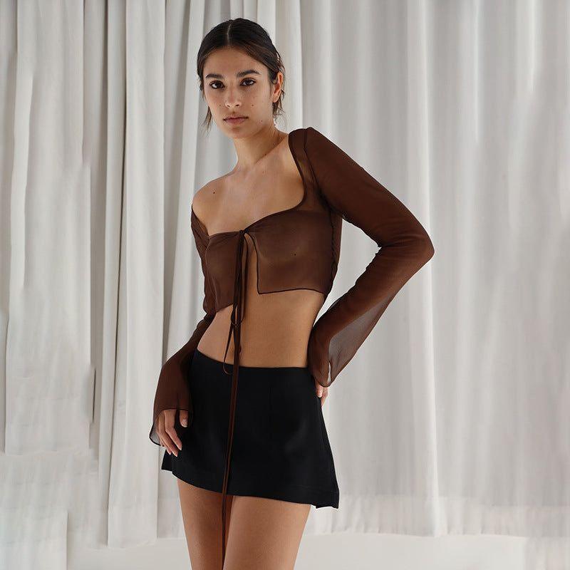 Morning Glory Brown Long Sleeve Crop Top