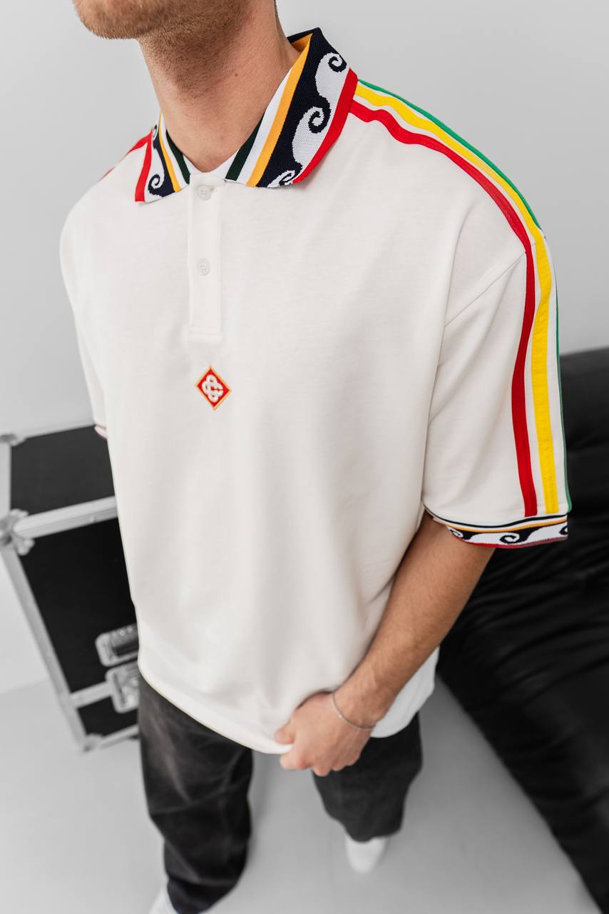 Ethnic Trim Oversized Polo T-Shirt – White Unisex Streetwear