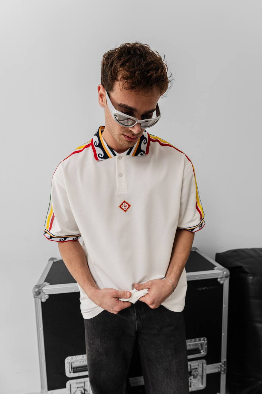 Ethnic Trim Oversized Polo T-Shirt – White Unisex Streetwear