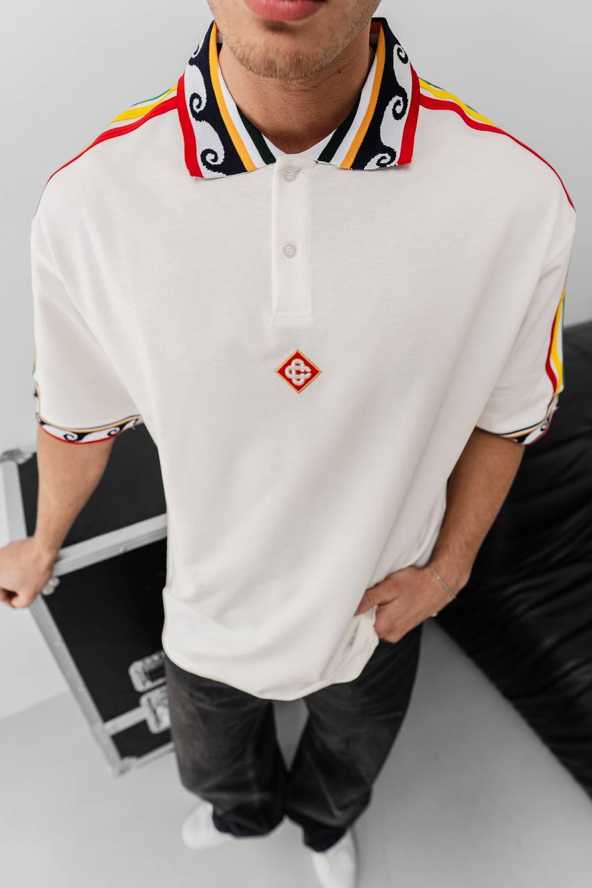 Ethnic Trim Oversized Polo T-Shirt – White Unisex Streetwear