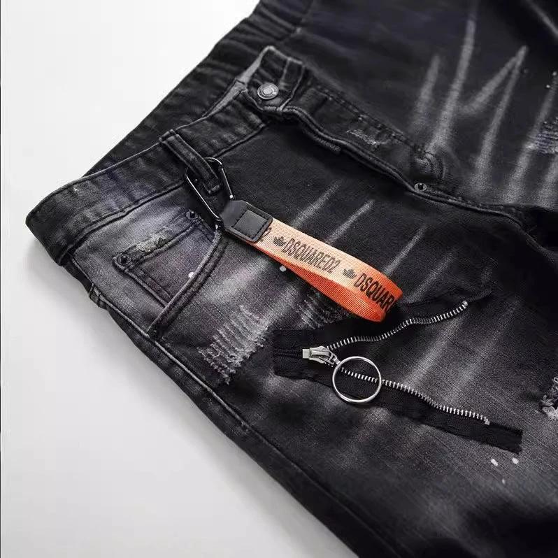 Men's Black And Gray Paint Hole Zipper Decorations Jeans