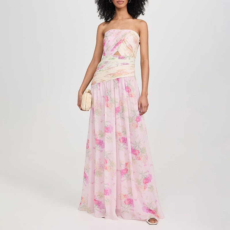 Vacation Sexy Fairy Wrapped Chest Silk Elegant Floral Maxi Dress Summer Beach Dress
