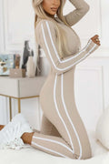 Autumn Winter Women Slim Striped Half Zipper Jumpsuit
