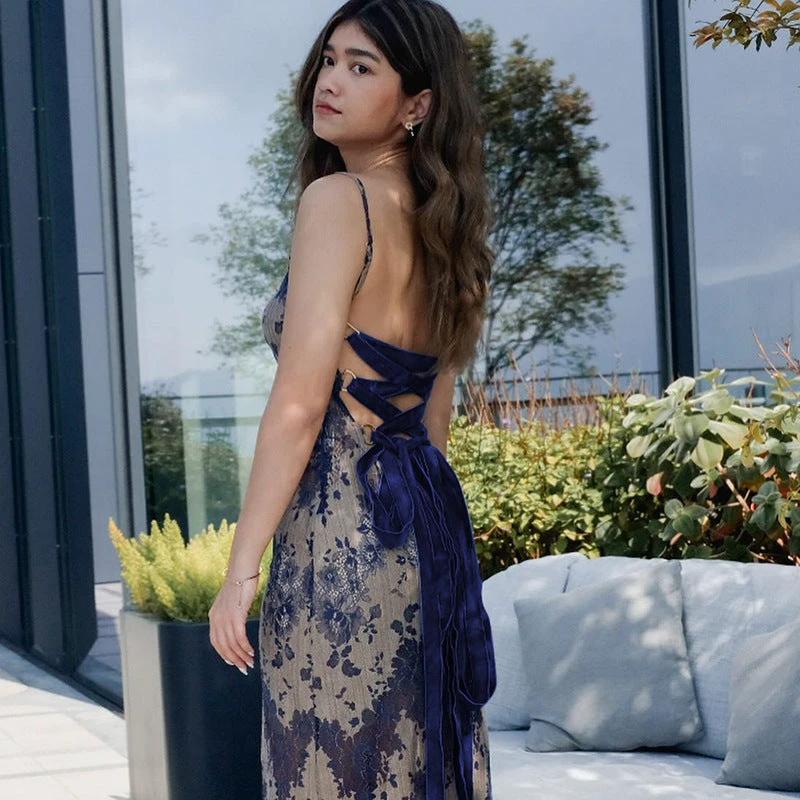 Fashion Dyed Printing Stitching Hollow Back Strap Elegant Style Long Dress Women