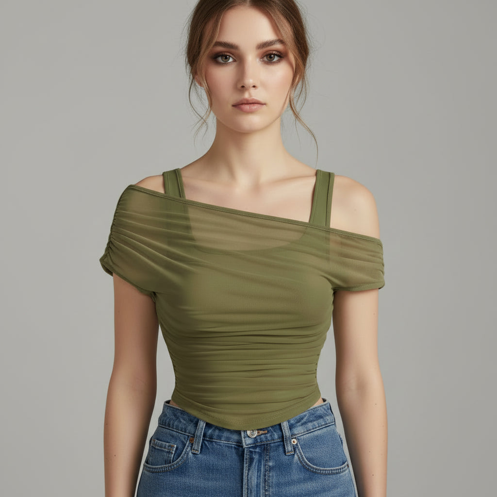 Ruched Mesh Crop Top