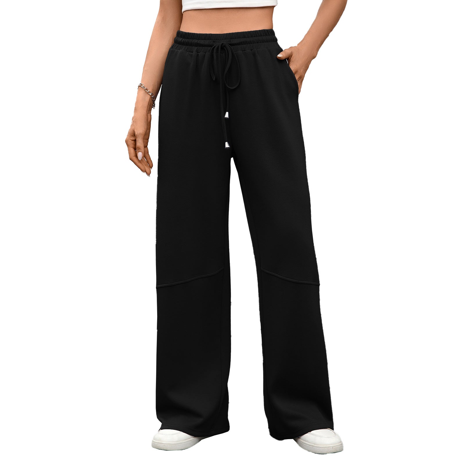 Autumn Winter Solid Color Elastic Waist Drawstring Pocket Wide Leg Pants Trousers for Women