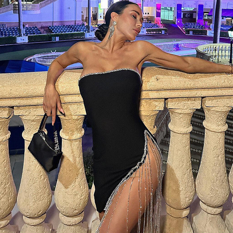 Solid Color Chest Wrap Adult Lady Like Woman Style Stitching Tassel Split Dress
