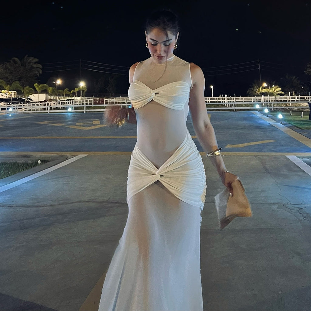 Spring Evening Sheer Mesh Sexy Solid Color Sheath Women Dress
