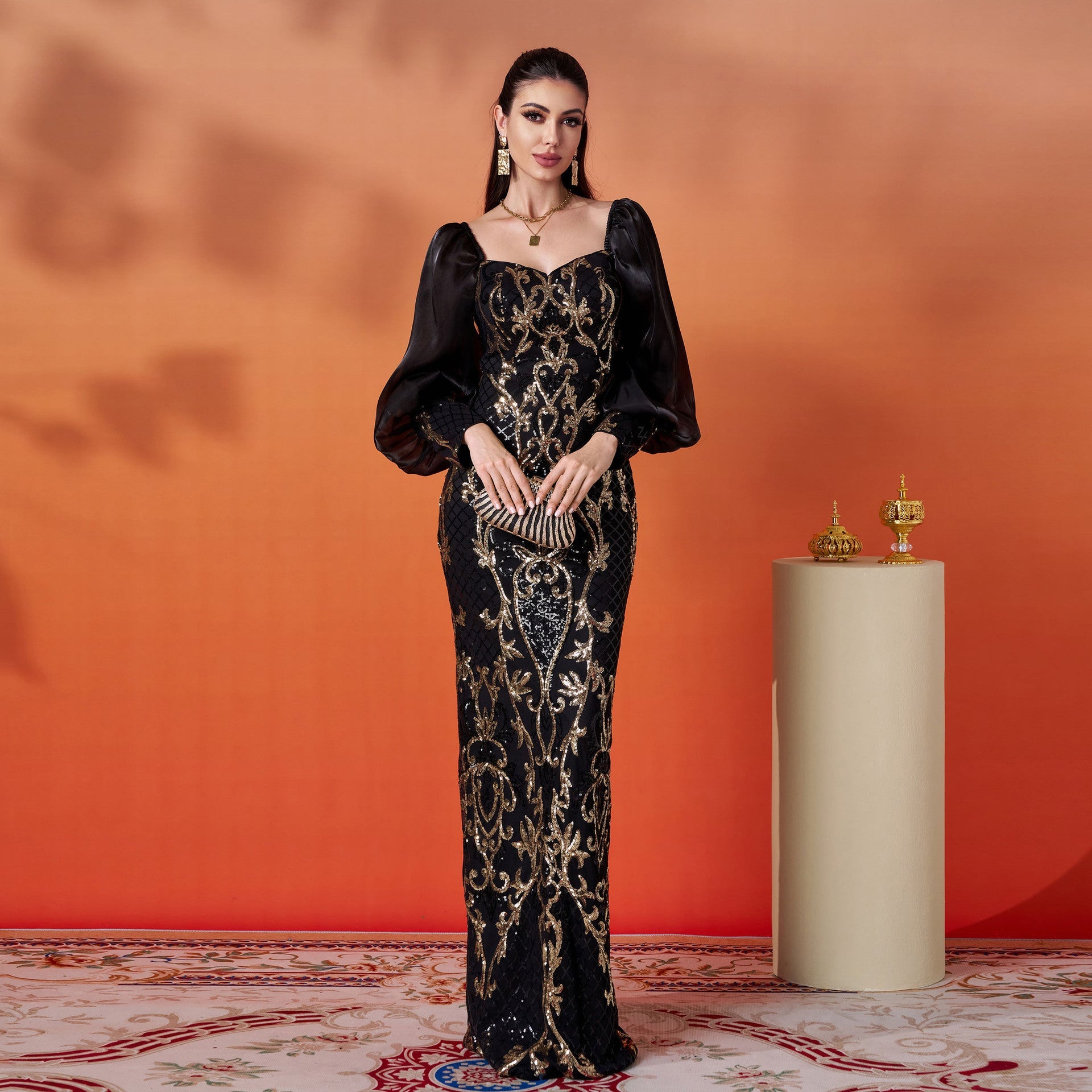 Women Senior Long Sleeve Square Neck Slim Fit Sheath Sequined Cocktail Evening Dress