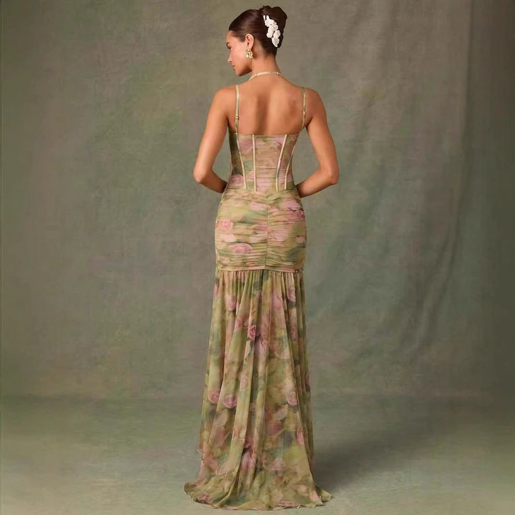 Sling Pleated Print Fishbone Waist Split Sheath Fishtail Fairy Dress