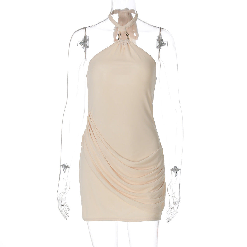 Summer Sexy Stitching Gauzy Package Hip Short Solid Color Street Halter Dress Women