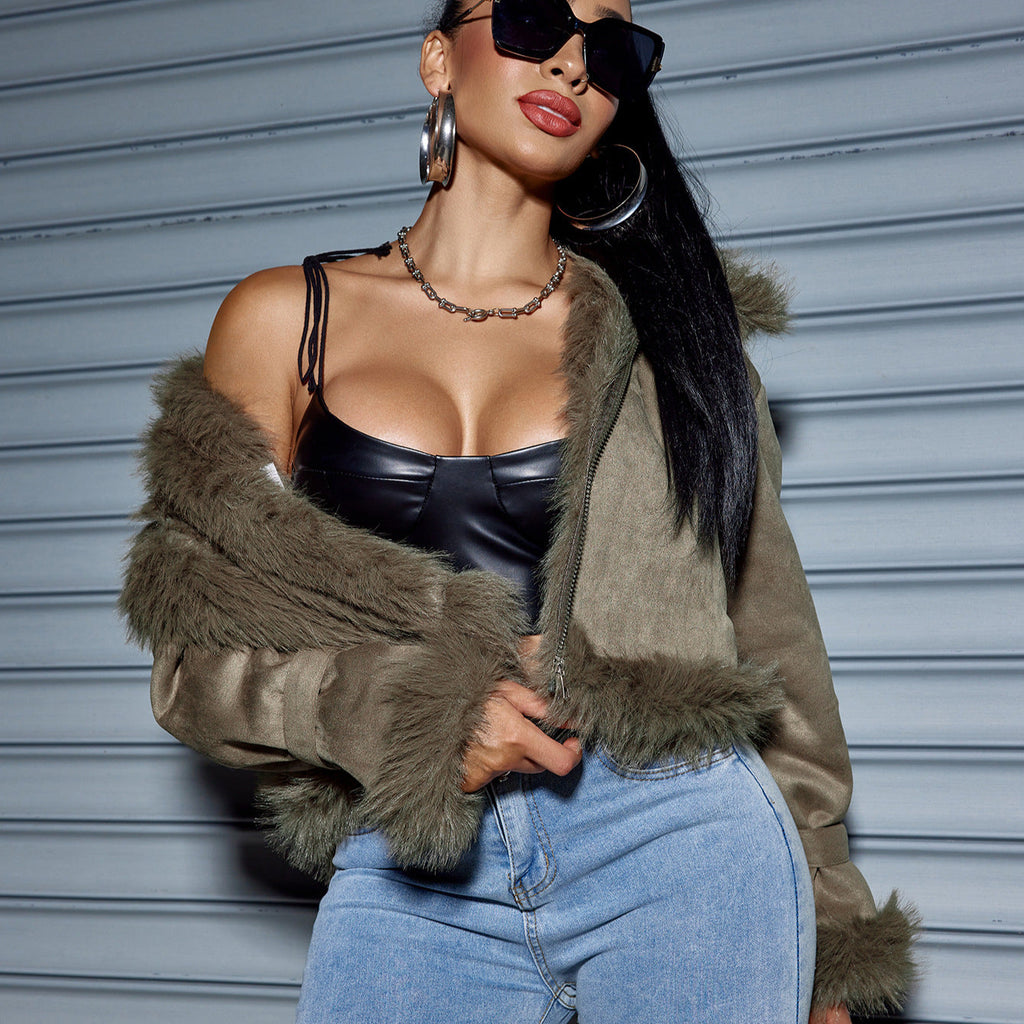 Suede Short Coat Women Fall Winter Jacket Motorcycle Clothing Women
