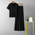 Women Clothing Polo Collar Pullover Short Sleeve Top Slimming Solid Color Wide Leg Trousers Knitted Suit