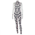 Women Striped Jumpsuit Sexy Halter Turtleneck Backless Print Long Jumpsuit