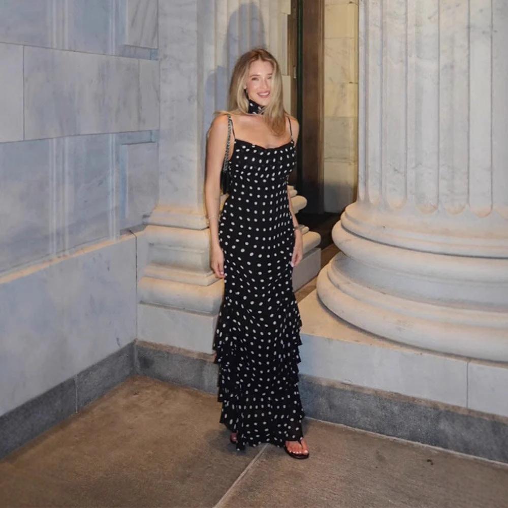 Sleeveless Polka Dot Scarf  Ruffled Spaghetti Straps Dress set