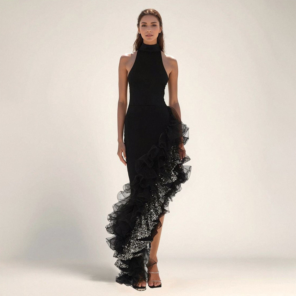 Ruffled Black Mesh Asymmetric Dress Long Party Sexy Cocktail Bandage Dress for Women