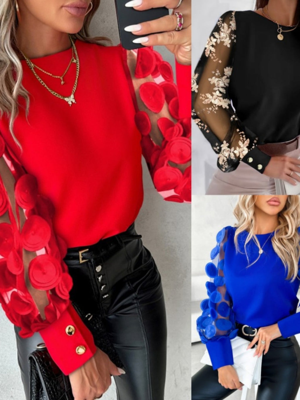 Women's Fashion Chiffon Blouse Round Neck Petals Mesh See-through Long Sleeves