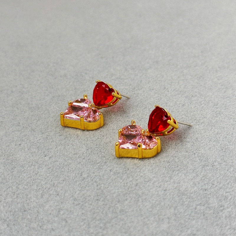 Double Love Shiny Earrings Special Interest Light Luxury High Grade Elegant Zircon Inlaid Graceful Earrings