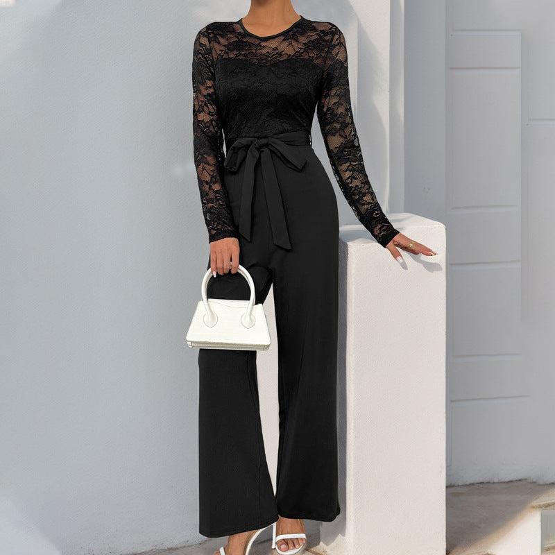 Autumn Jumpsuit Lace Stitching Zipper Lace Up Solid Color Jumpsuit