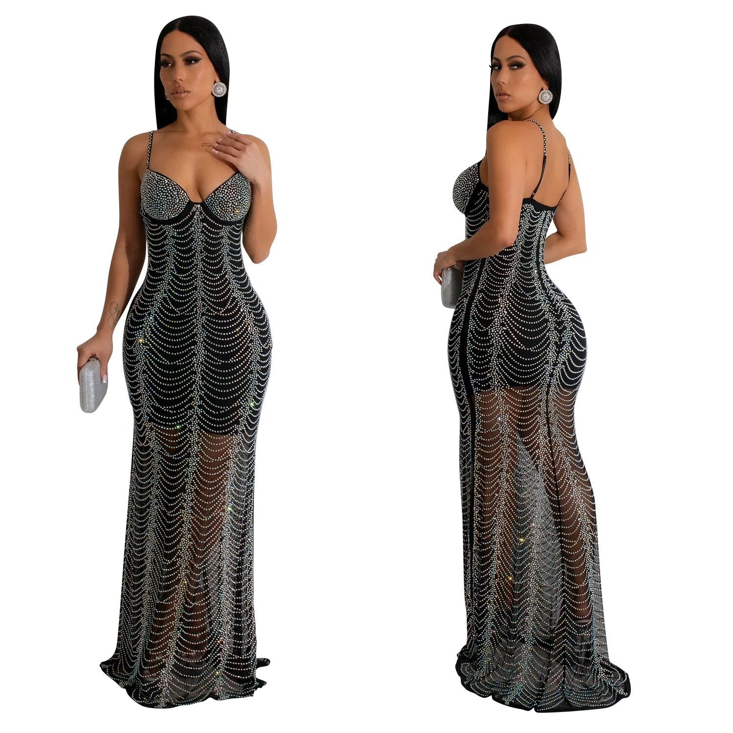 European And American Fashion Women's Pure Color Mesh Rhinestone Strap Dress