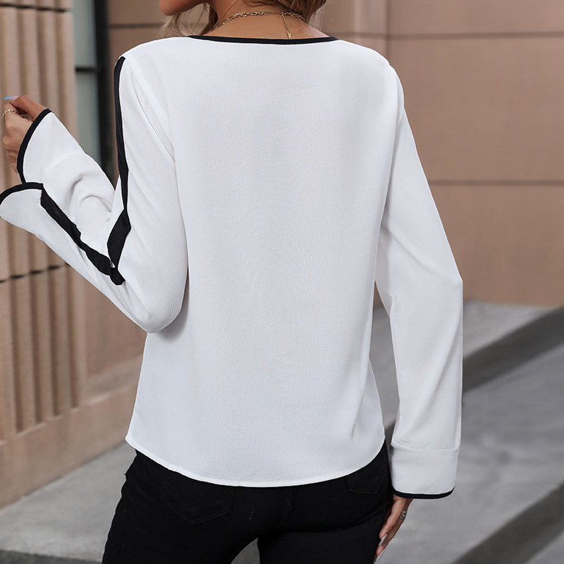 Women Spring Clothing Office Top Lace Bow Shirt Long Sleeve Contrast Color Shirt