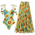 Swimsuit Sunflower Print Lace up Hard Bag One Piece Swimsuit Set Women