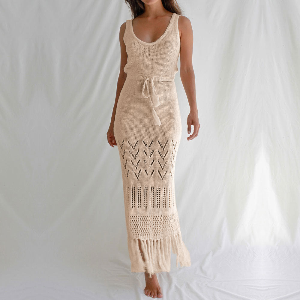 Sunscreen Beach Dress Hollow Out Cutout out Strap Women Maxi Dress with Tassel Bikini Swimsuit Blouse