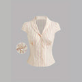 Casual Pleated Tops French Women Striped Button Small Short Sleeve Shirt