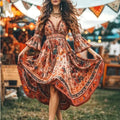 Women Clothes Printed Bohemian V neck Maxi Dress