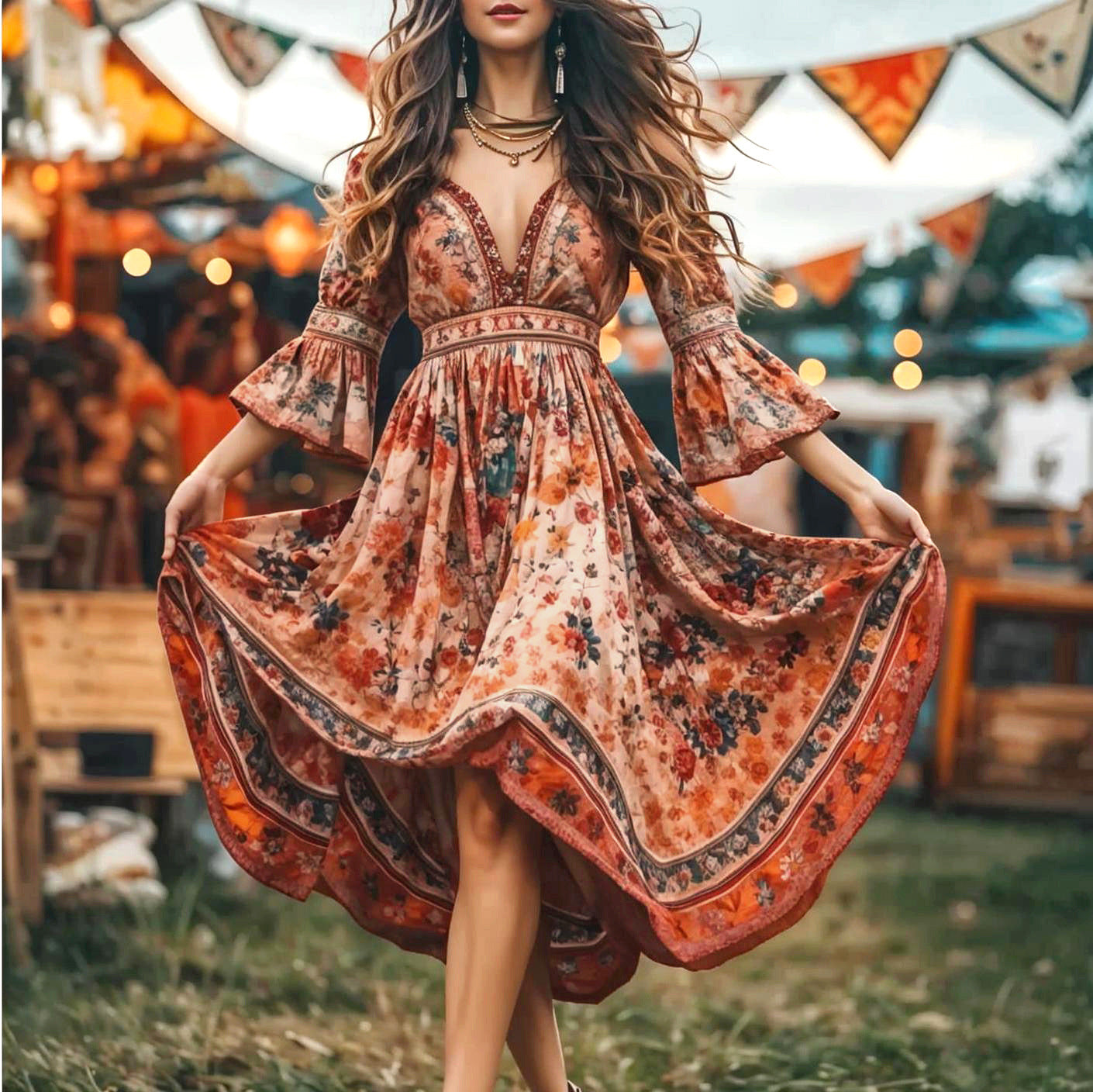 Women Clothes Printed Bohemian V neck Maxi Dress