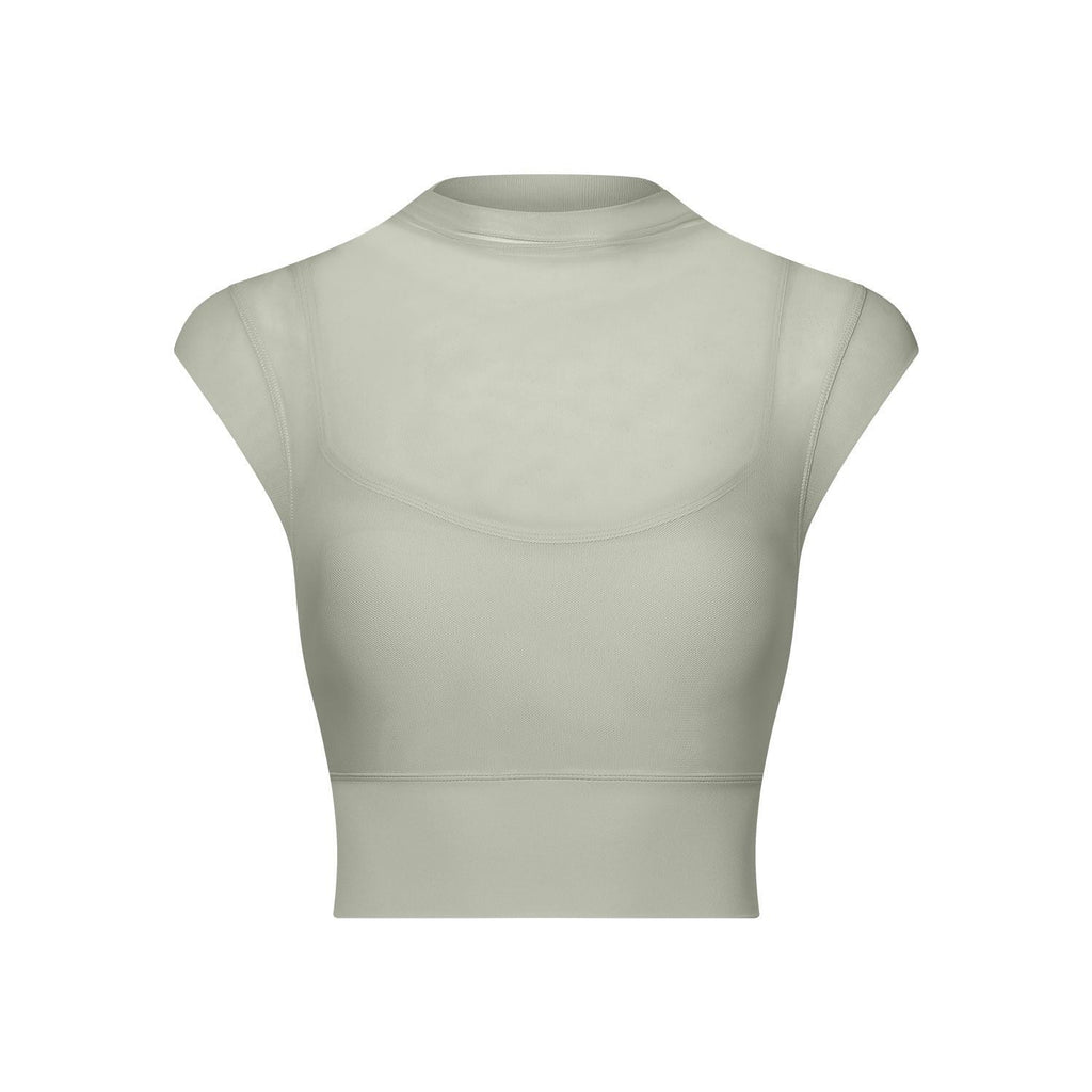 Sexy Mesh Yoga Clothes Flounced Sleeve Running Quick Drying Sports Bra with Chest Pad One Piece Cup Workout Clothes Top