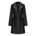Long Leather Coat Spring Autumn Long Sleeve Leather Wind Coat British Coat Women Collared Single Breasted
