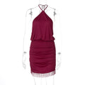 Women Clothing Autumn Lace Halter Sexy Backless Crystal Tassels Slim Fit Sheath Dress