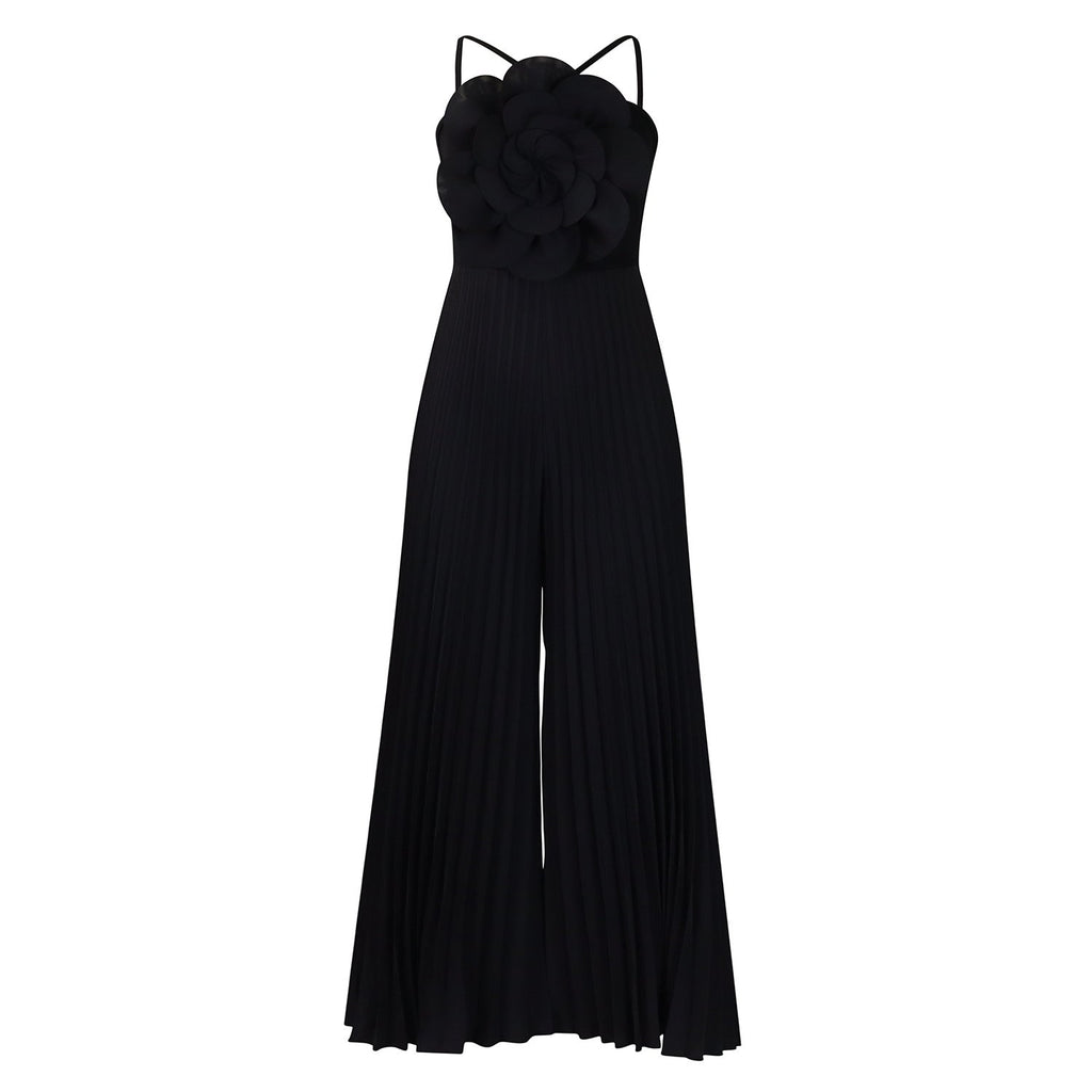 Women Clothing Summer Halter Three Dimensional Floral Solid Color Wide Leg plus Size Jumpsuit
