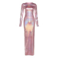 Women Clothing Autumn Slim Fit round Neck Long Sleeves Solid Color Thin Glittering Dress Maxi Dress