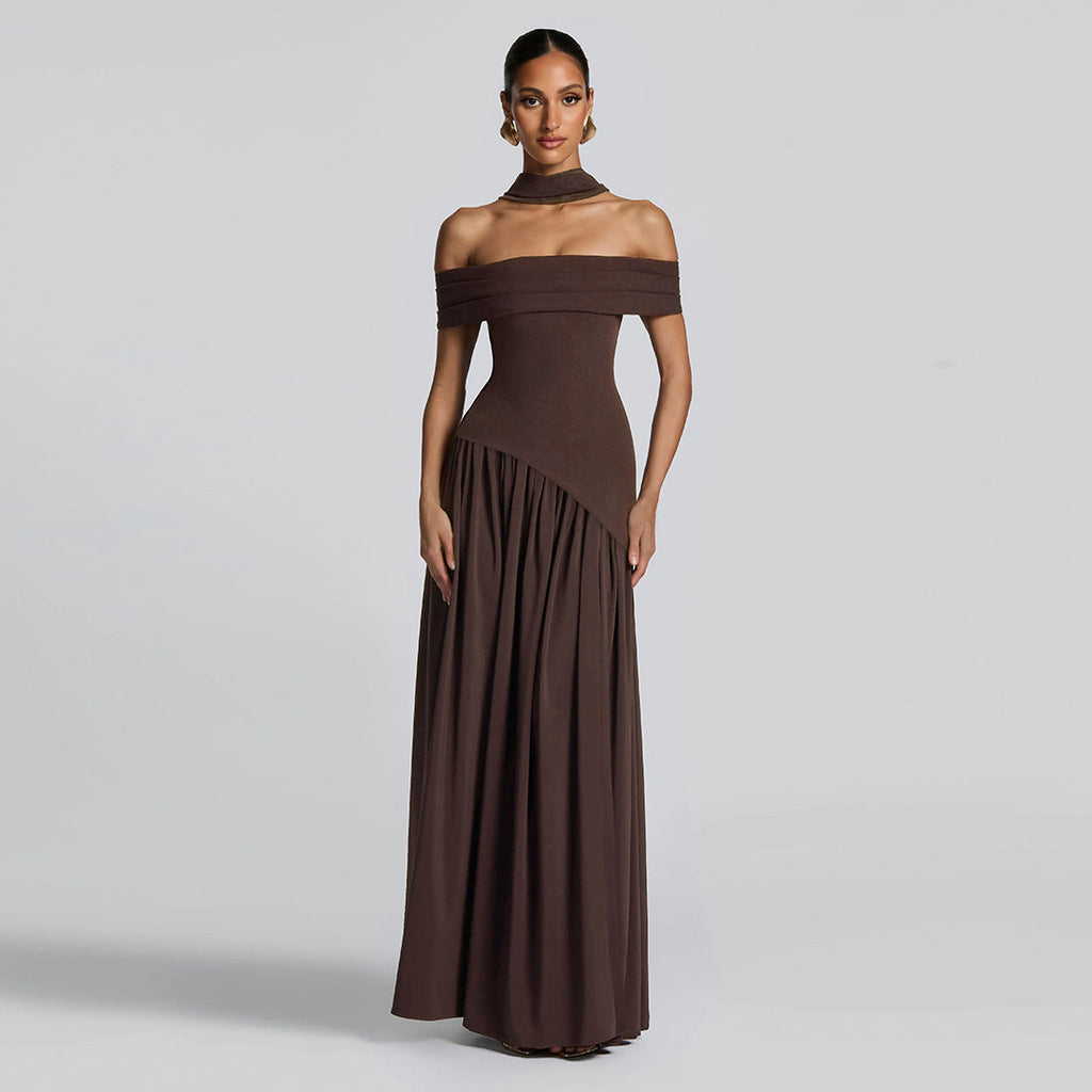 Autumn Women Clothing Sexy Backless Slim Fit Solid Color Scarf Collar Split off Shoulder Dress