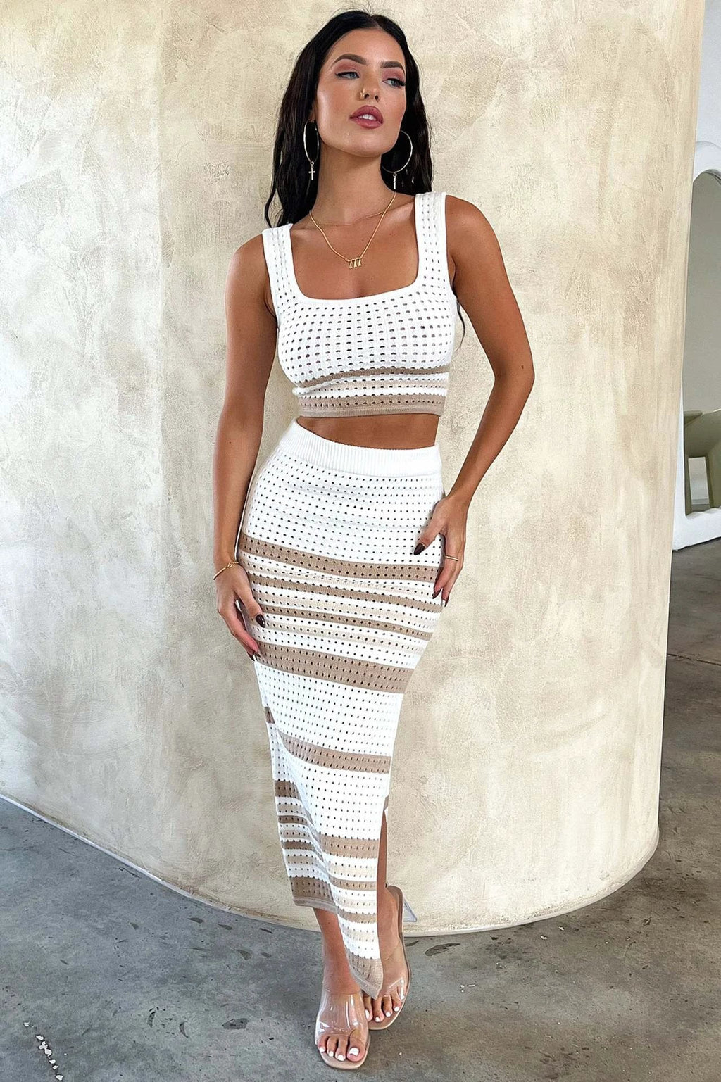 Summer New Sleeveless Vest Sexy Slit Striped Skirt Knitting Suit
