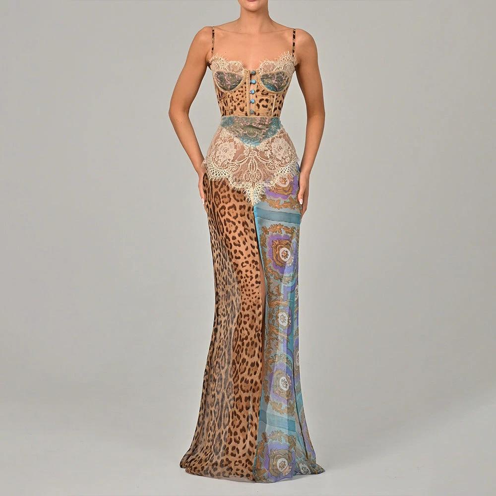 Corset Spaghetti-strap Floral Animal Print Patchwork Long Dress