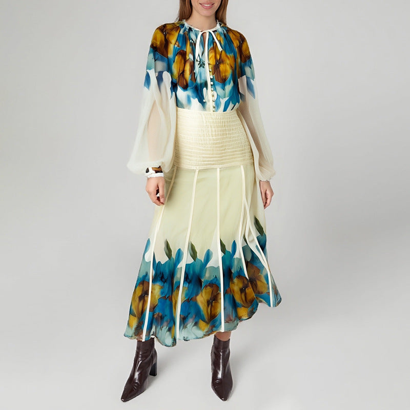 Women Lantern Sleeve Printed Shirt High Waist Floral Skirt Two Piece Set
