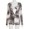 Women Clothing Autumn Slim Ink Blooming Printing Swing Collar Faux Two Pieces Long Sleeve Jumpsuit