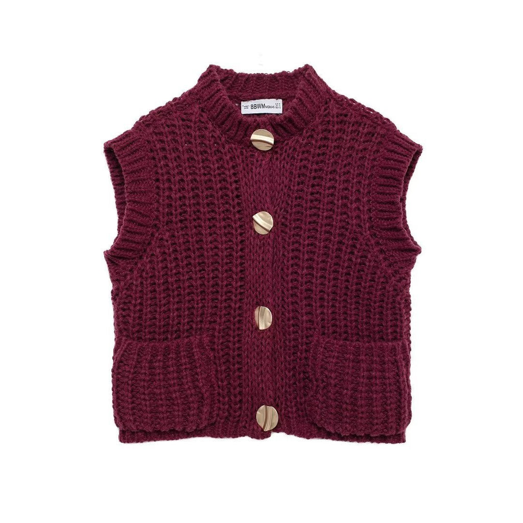 Sweater Spring Festival Stickers Bags Gold Button Thick Knitted Short Women Cardigan Vest